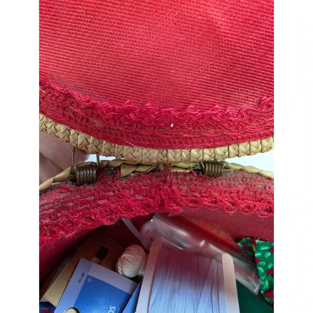 Vintage Woven Straw Sewing Basket Red Lining Raffia Floral Embroidery Round 9